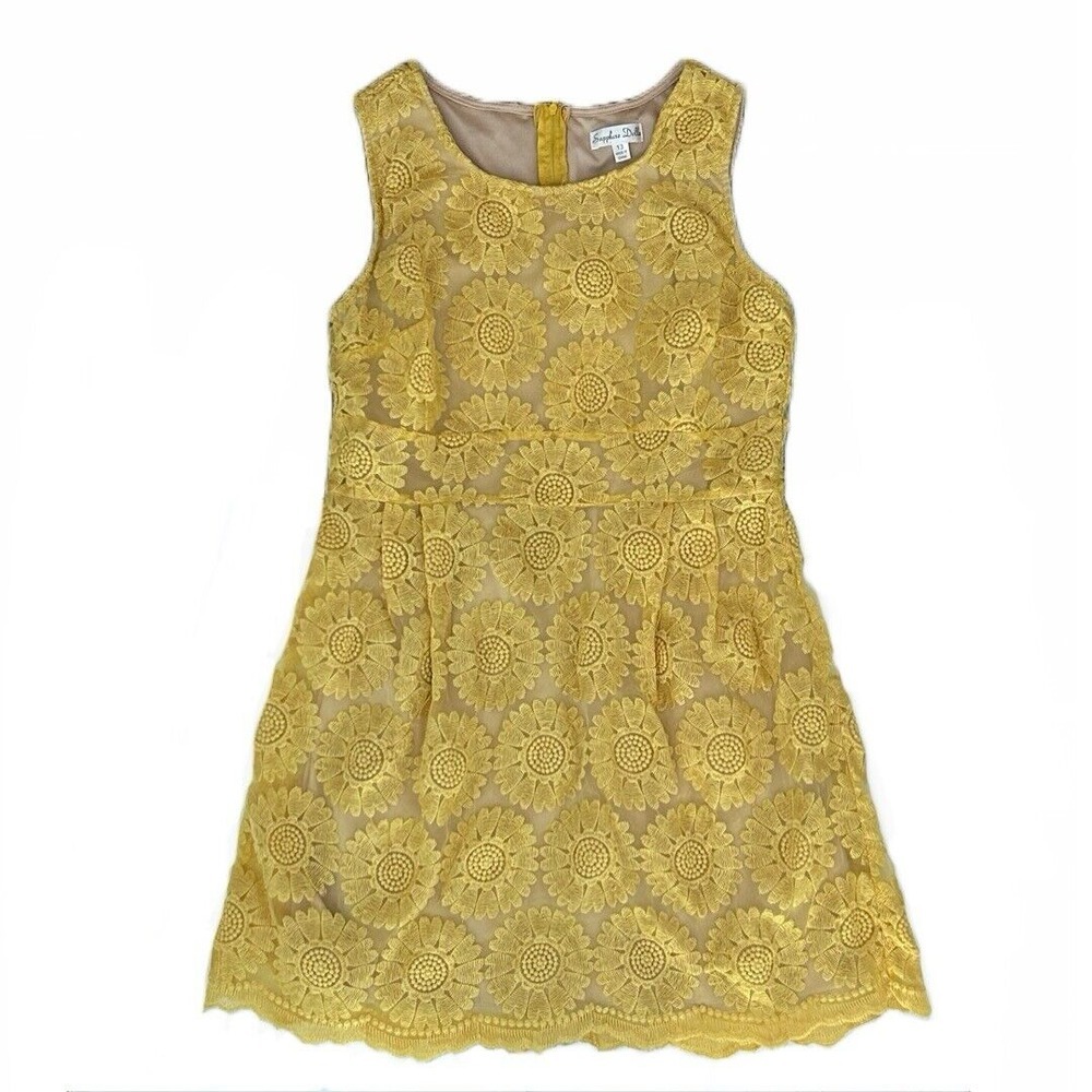 Sapplure Dollz Girls Yellow Sleeveless Sunflower Embroidered Dress Lined‎ Sz 13